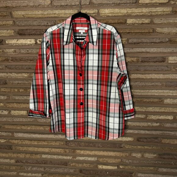 Foxcroft Shaped Fit Red Tartan Plaid Shirt Cuffed Sleeves Size 18 - Picture 9 of 9